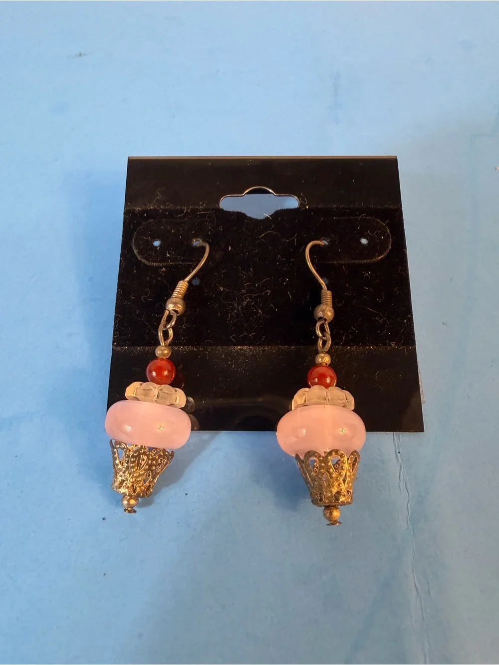 Handcrafted Pink Glass Bead Drop Earrings with Gold Filigree